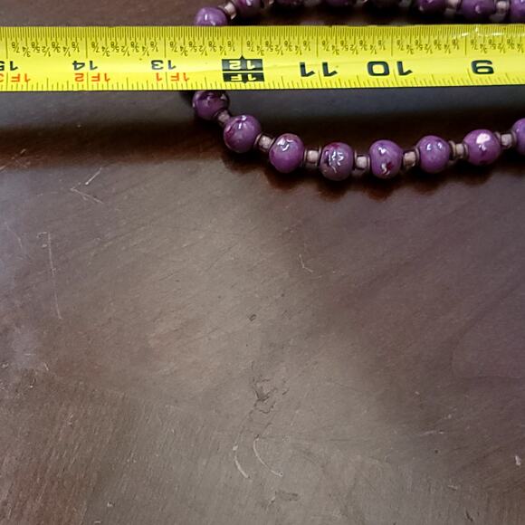 Vintage 24 Inch Purple Beaded Necklace Hand Painted Floral Accents 1980s Jewelry - Picture 8 of 10